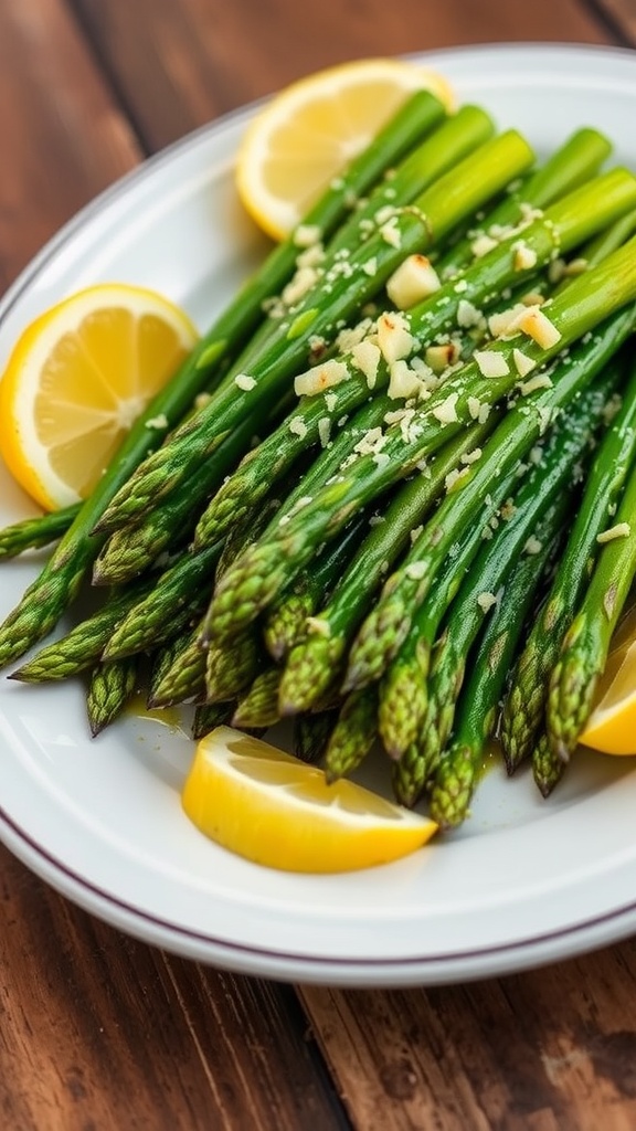 Plate of roasted asparagus with garlic and parmesan, garnished with lemon wedges.